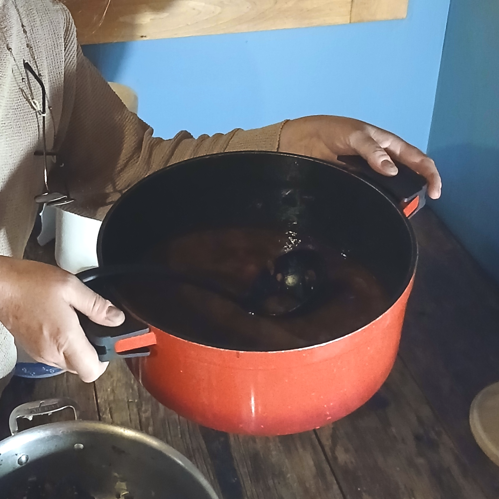 Hands holding a red soup pot